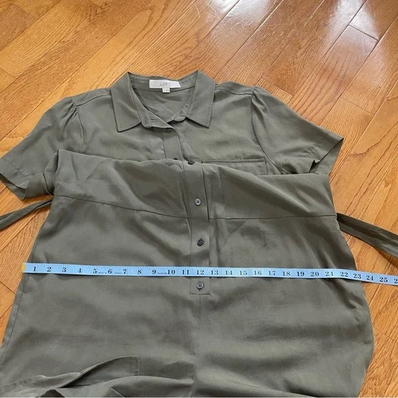 LOFT Women's Size 12 Olive Green Button-Up Romper with Cuffed Shorts + Tie Waist - Picture 9 of 16